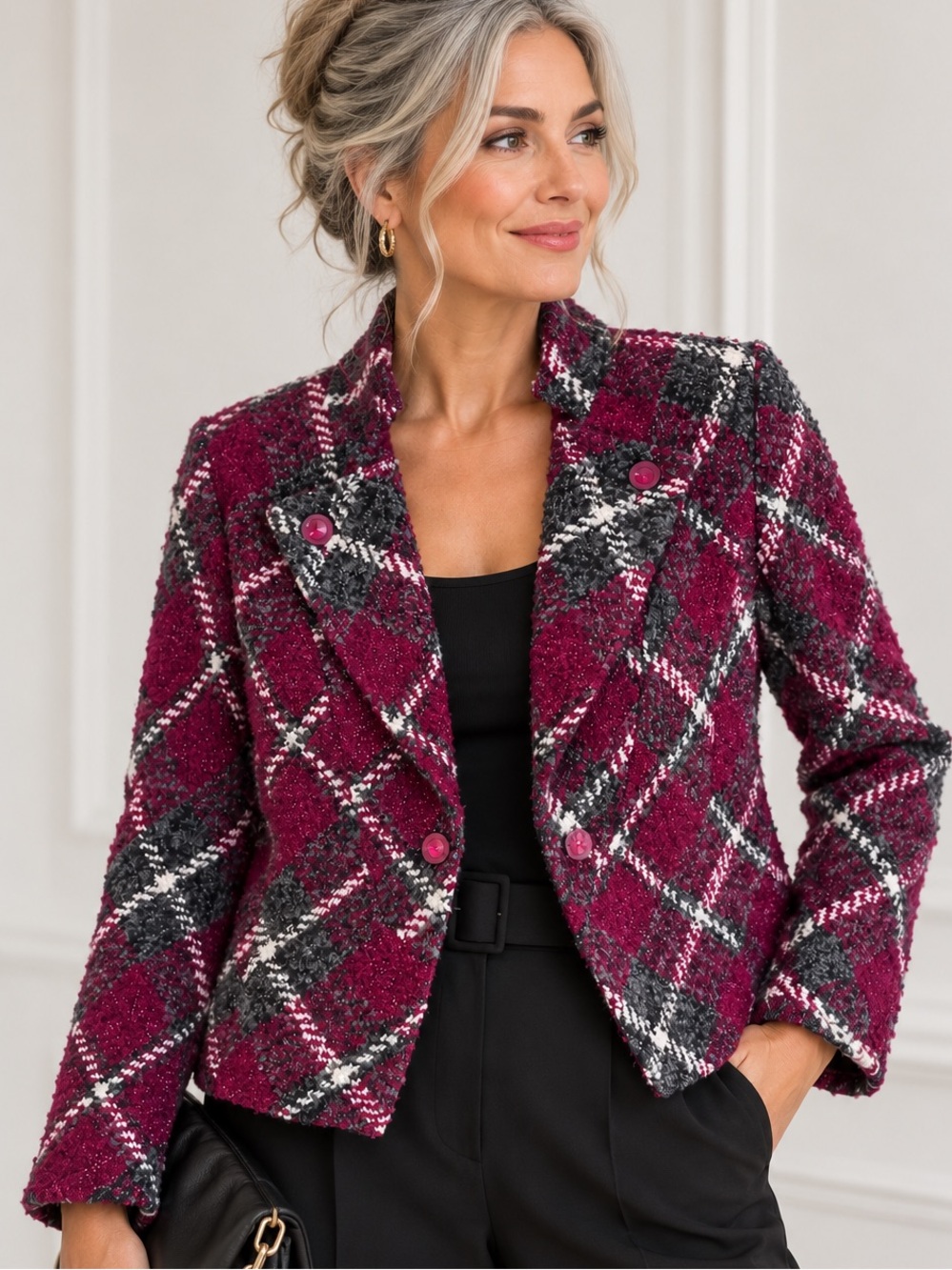 Joseph Ribkoff NWT Wool Blend Plaid Bouclรฉ Blazer Jacket Magenta Size 14